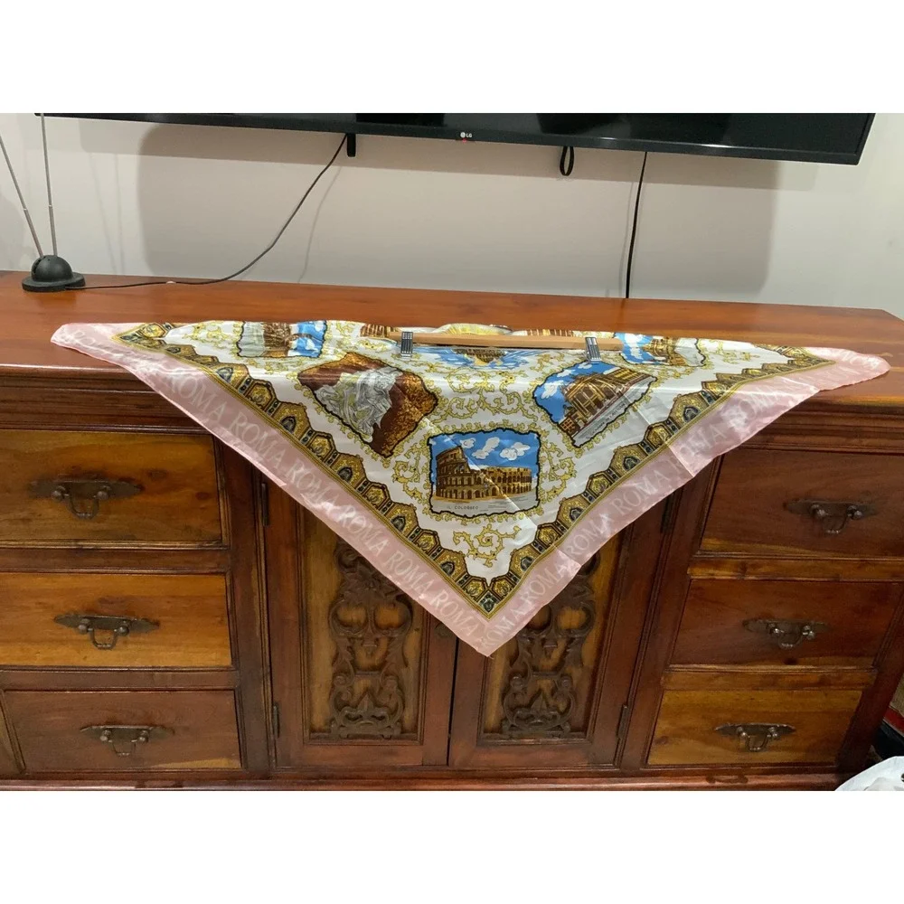 Vintage Rome Italy Souvenir Silk Blend Square Scarf Pink Gold Il Colosseo 20x20